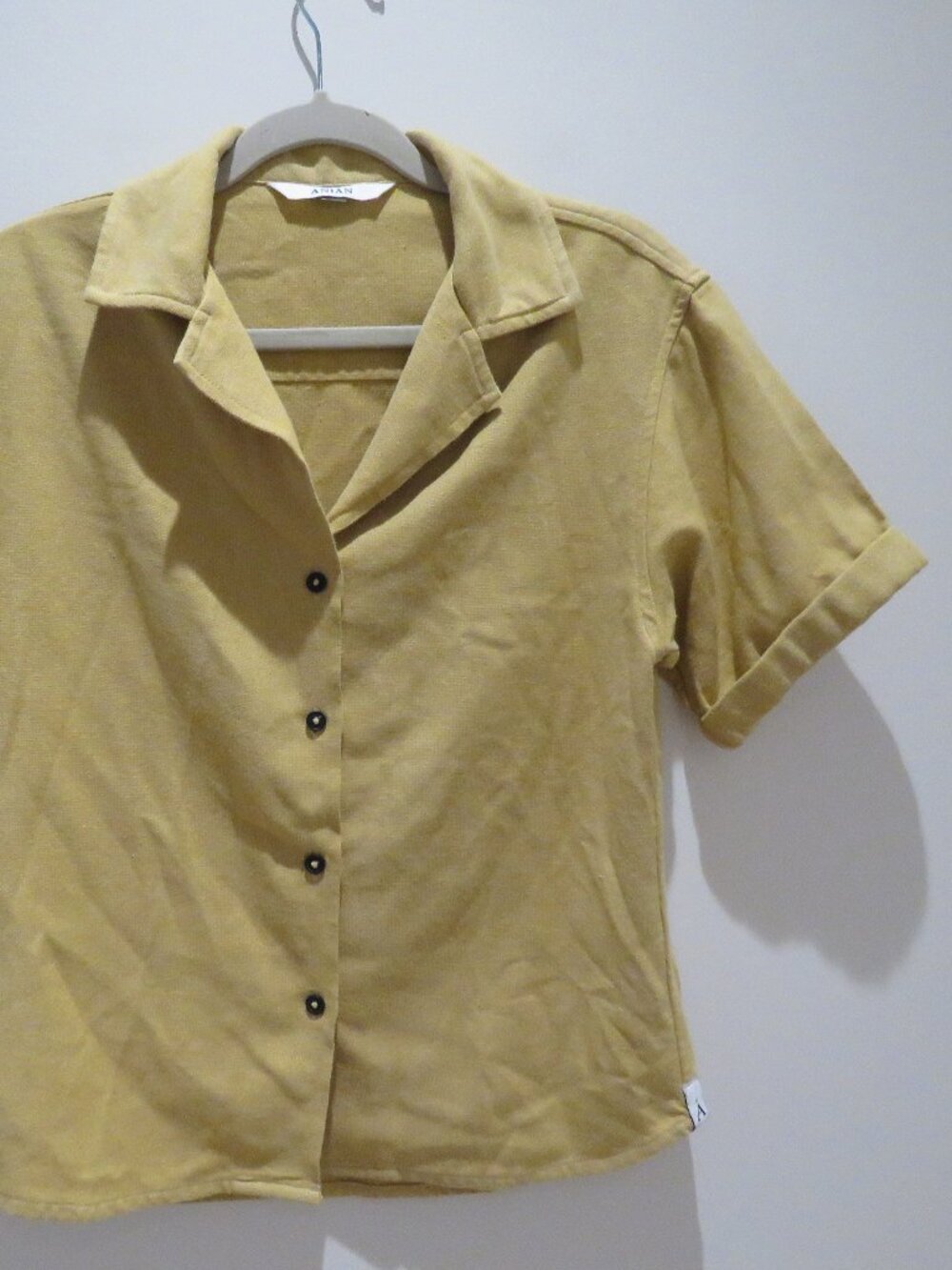ANIAN Oxford Camp Collar Shirt Mustard Small Boxy Cropped Woven Casual Cotton - Picture 3 of 12